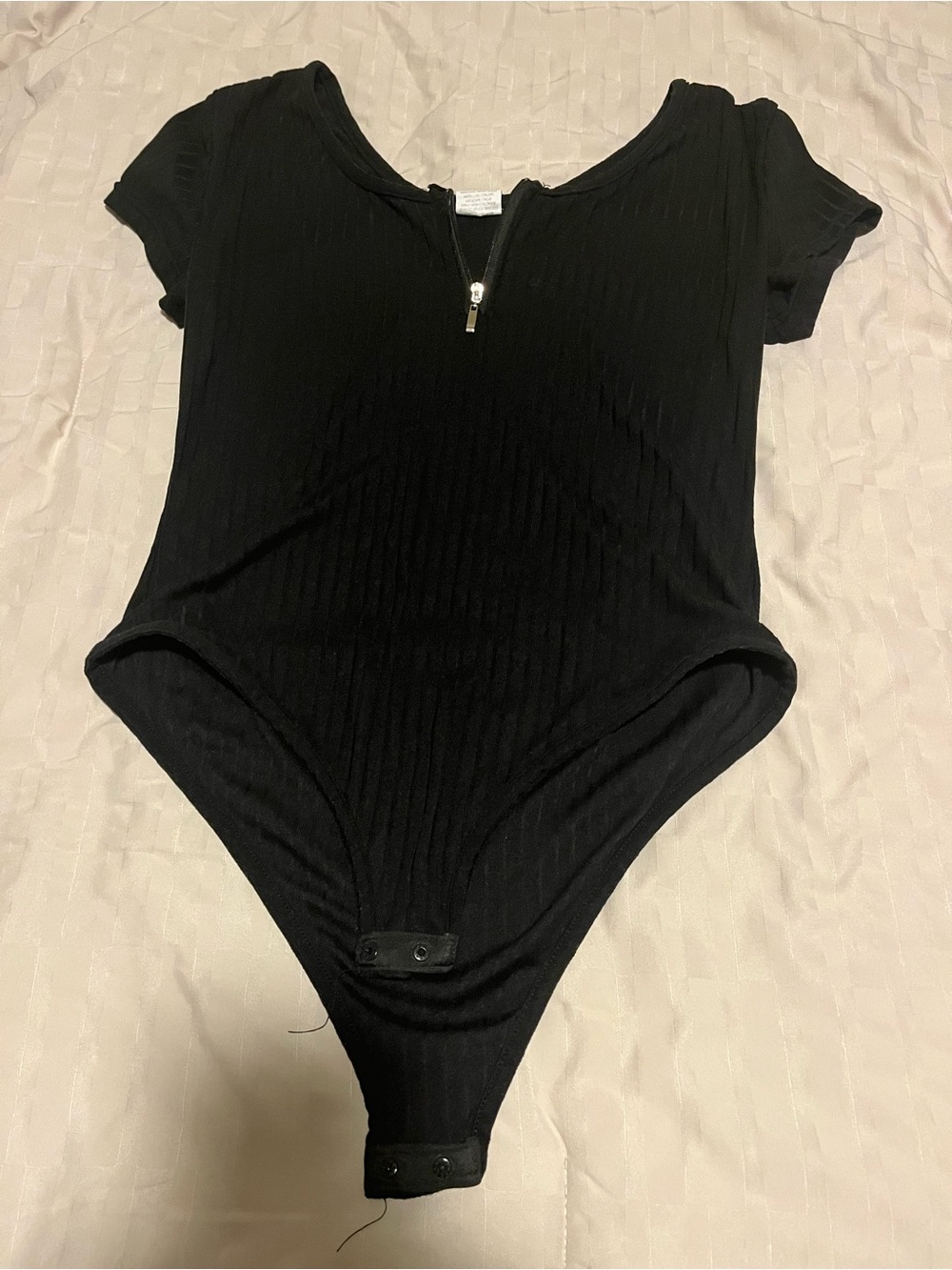 Black Ribbed Short Sleeve One-Piece Bodysuit with Front Zip